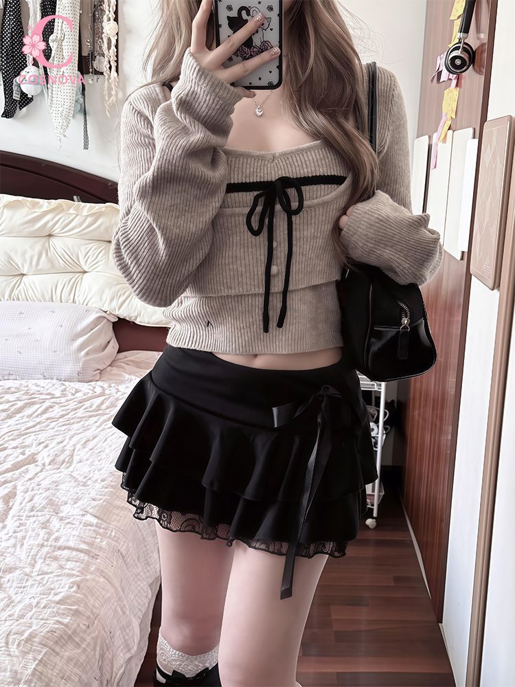 Cami Top Lace - Japoński Vintage Coquette 3-częściowy Zestaw Damski: